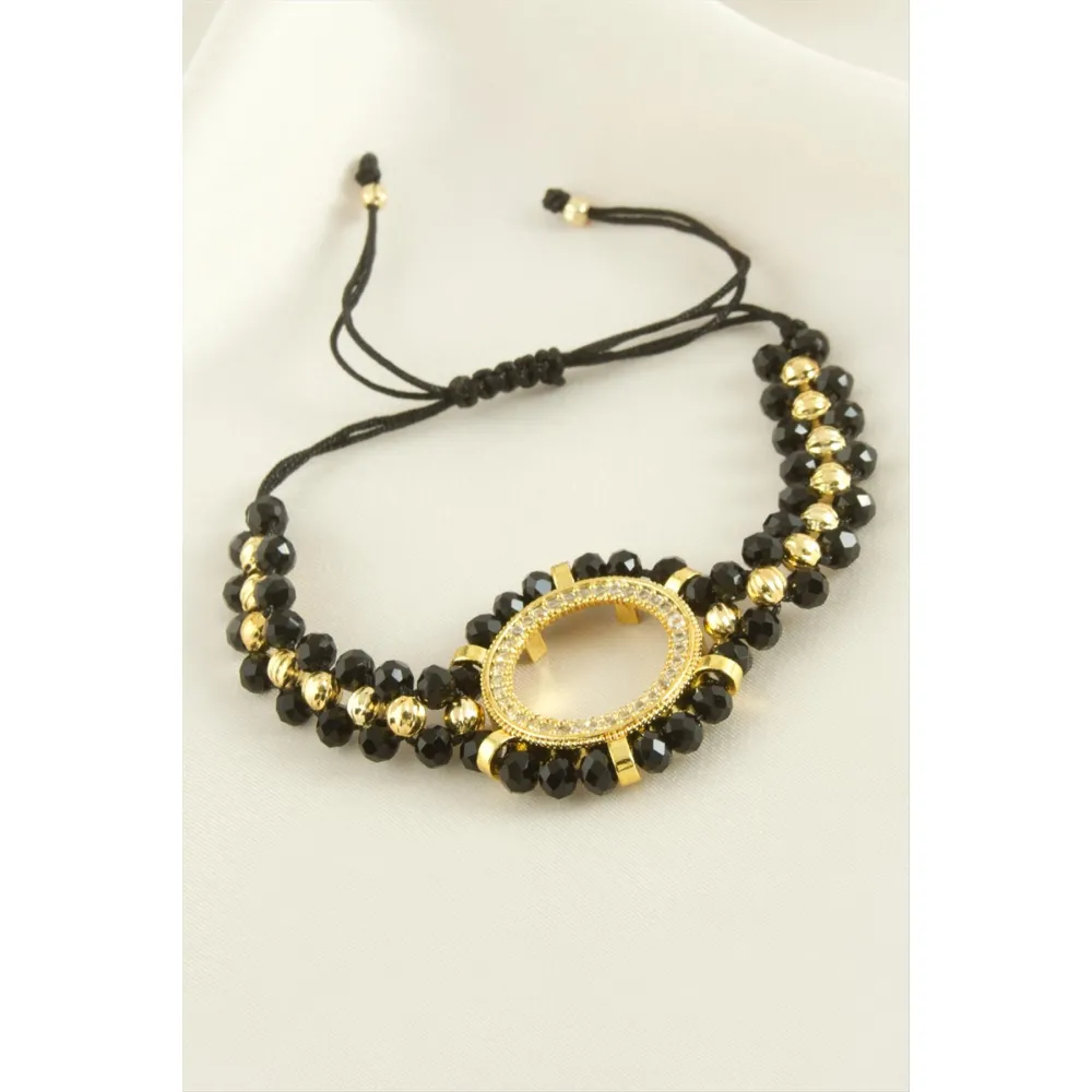 Çeyrek Altın Koyulabilir Kristal Taşlı Bileklik-Siyah