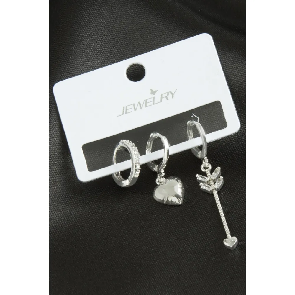 3 Adet Kalp Zirkon Taşlı Küpe-Gümüş Rengi