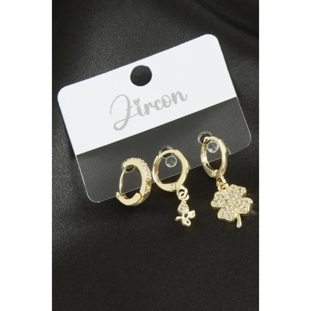 3 Adet Yonca Zirkon Taşlı Küpe-Gümüş Rengi