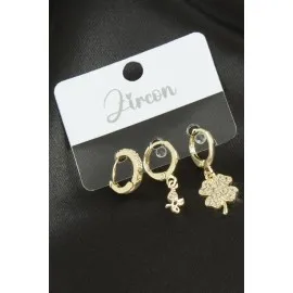 3 Adet Yonca Zirkon Taşlı Küpe-Gümüş Rengi