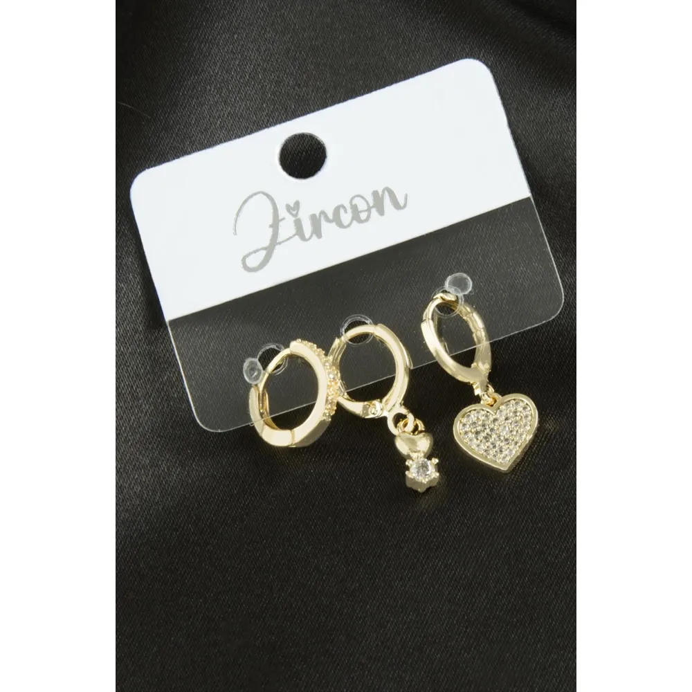 3 Adet Kalp Zirkon Taşlı Küpe-Gümüş Rengi