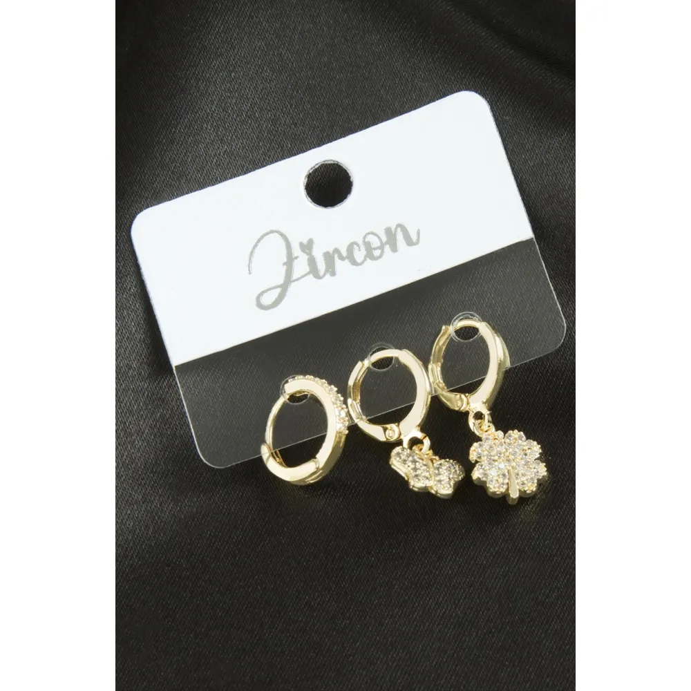 3 Adet Kelebek Yonca Zirkon Taşlı Küpe-Gümüş Rengi