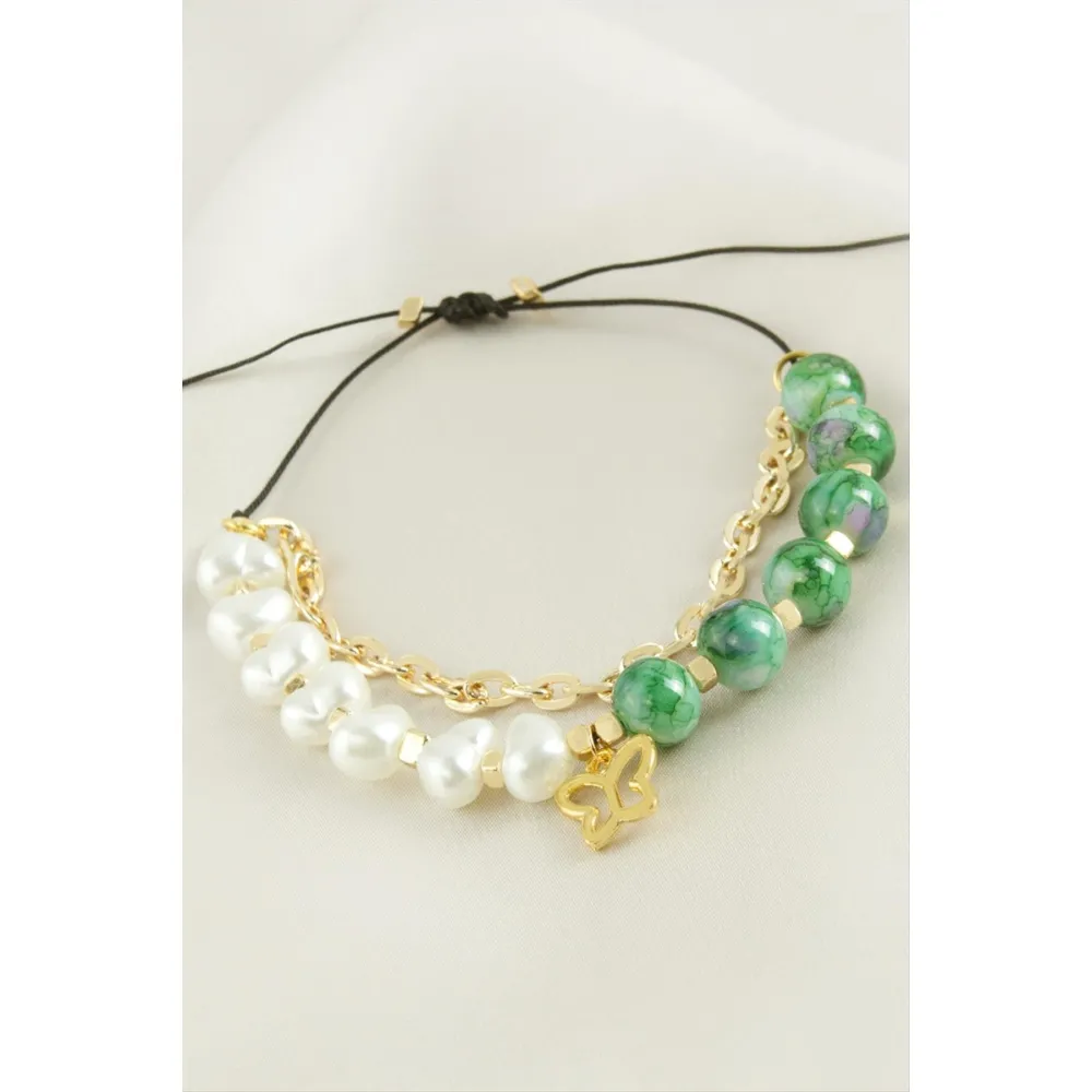 Kelebek İnci Boncuk Zincirli Bileklik-Kırmızı