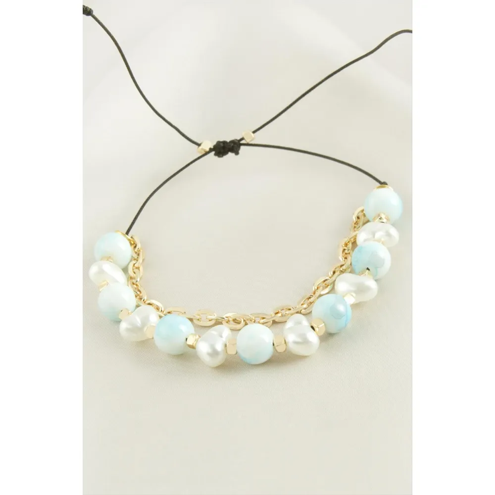 İnci Boncuk Zincirli Bileklik-Sarı