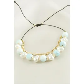 İnci Boncuk Zincirli Bileklik-Pembe