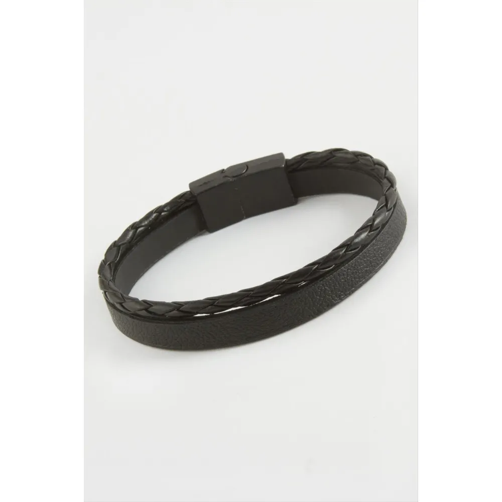 İkili Kaliteli Mıknatıslı Suni Deri Bileklik-Siyah