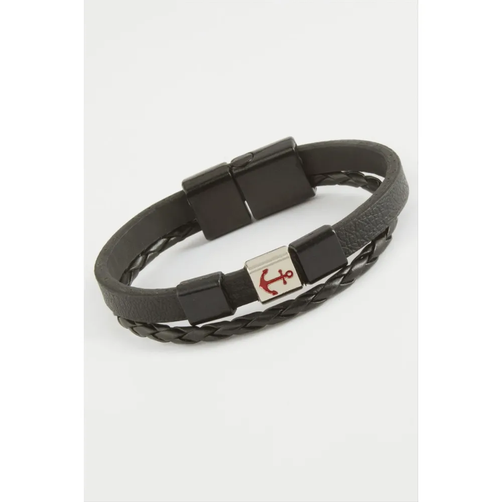 Çapa Kaliteli Mıknatıslı Suni Deri Bileklik-Siyah