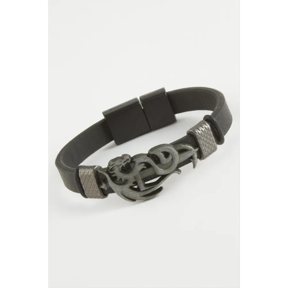Ejderha Kaliteli Mıknatıslı Suni Deri Bileklik-Siyah