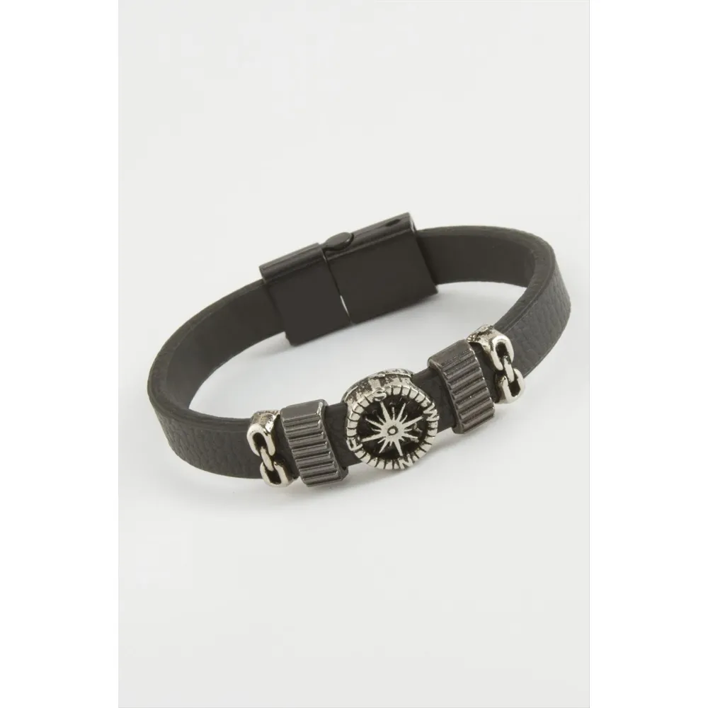 Yıldız Kaliteli Mıknatıslı Suni Deri Bileklik-Siyah