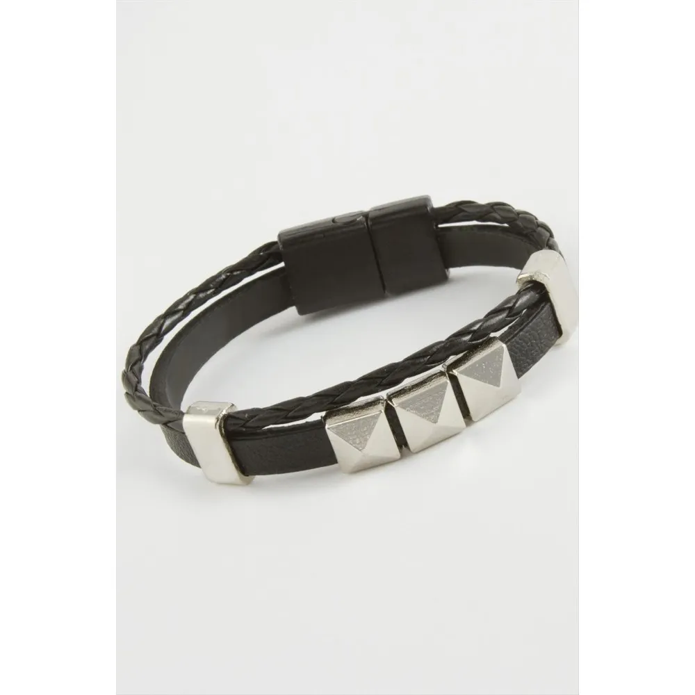 Prizma Kaliteli Mıknatıslı Suni Deri Bileklik-Siyah