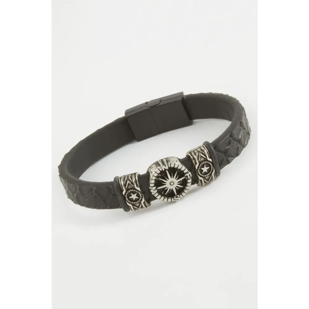 Yıldız Kaliteli Mıknatıslı Suni Deri Bileklik-Siyah