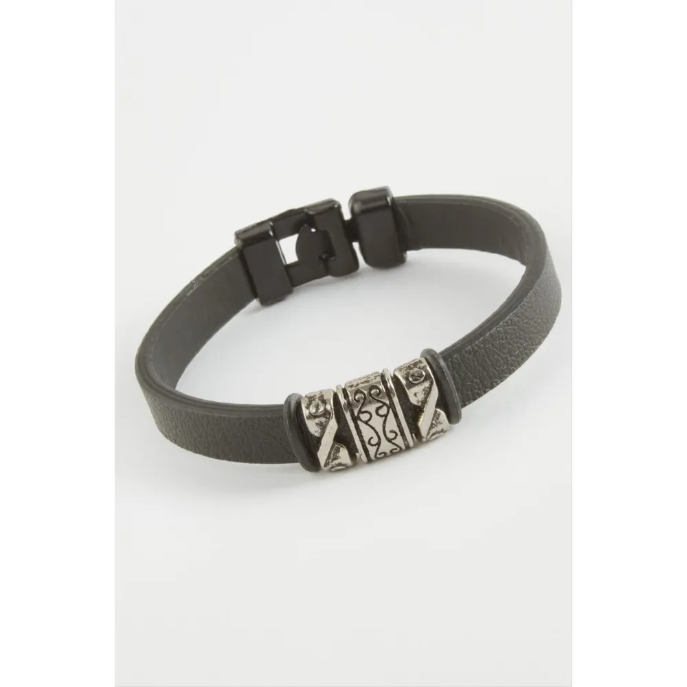 Çini Desenli Kaliteli Suni Deri Bileklik-Siyah