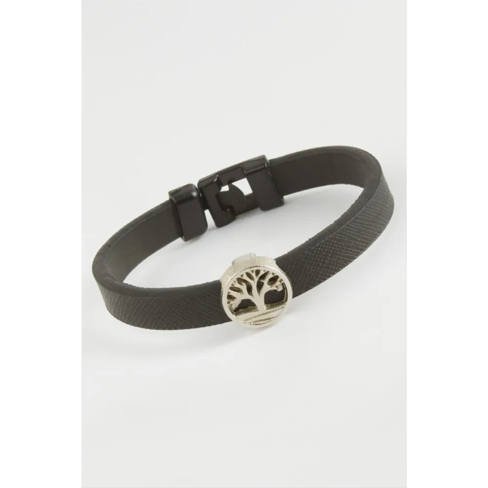 Hayat Ağacı Kaliteli Suni Deri Bileklik-Gümüş Rengi