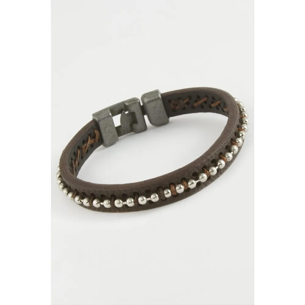 Top Metal Boncuklu Kaliteli Suni Deri Bileklikc-Kahverengi