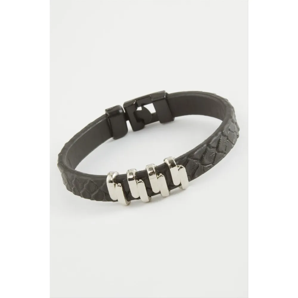 Zikzak Kaliteli Suni Deri Bileklik-Siyah