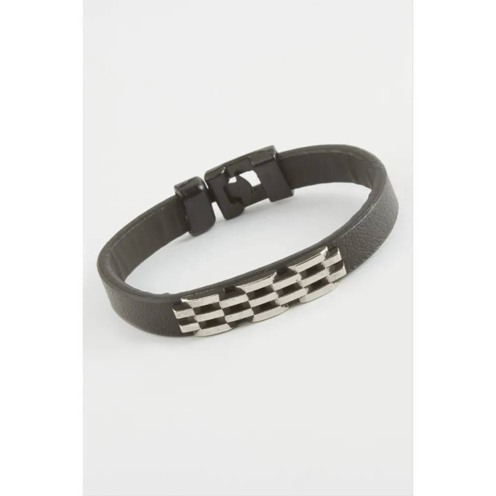 Zincir Desenli Kaliteli Suni Deri Bileklik-Siyah