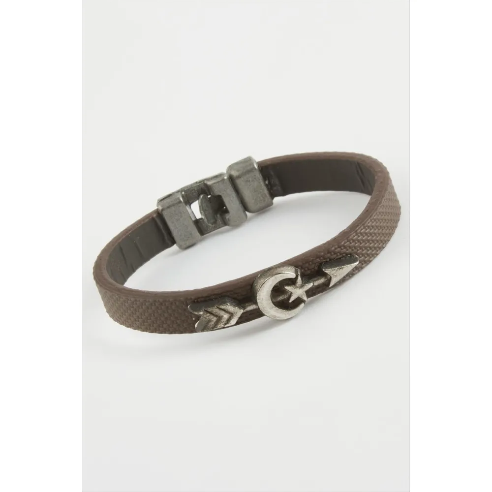 Ay Yıldız Ok Kaliteli Suni Deri Bileklik-Kahverengi