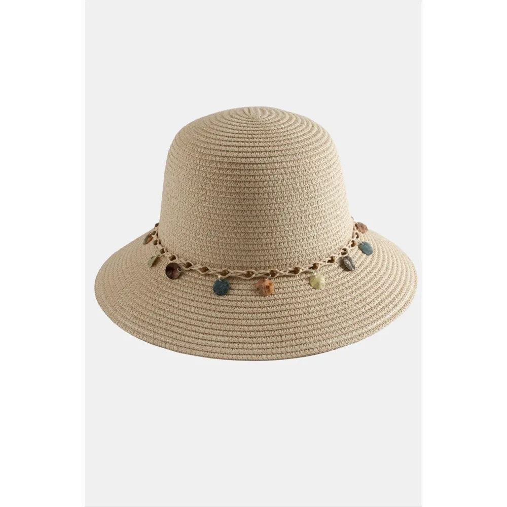 Boncuk Örme Hasır Şapka-Pudra Rengi