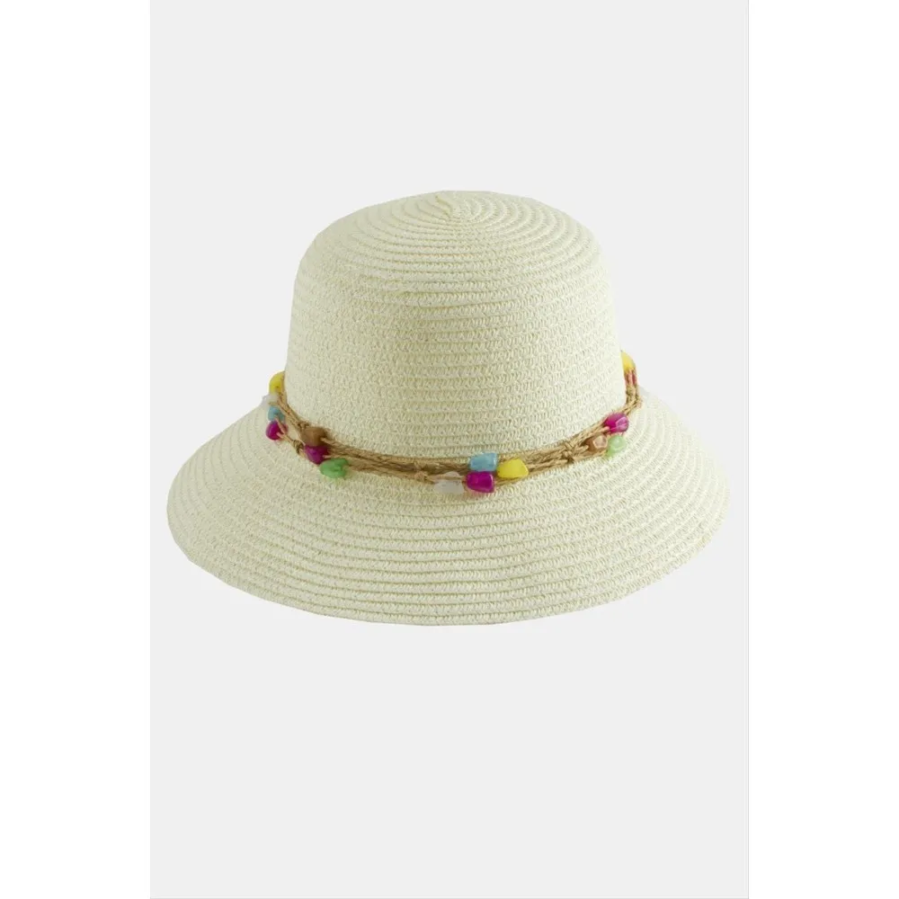 Renkli Doğaltaşlı Hasır Şapka-Krem