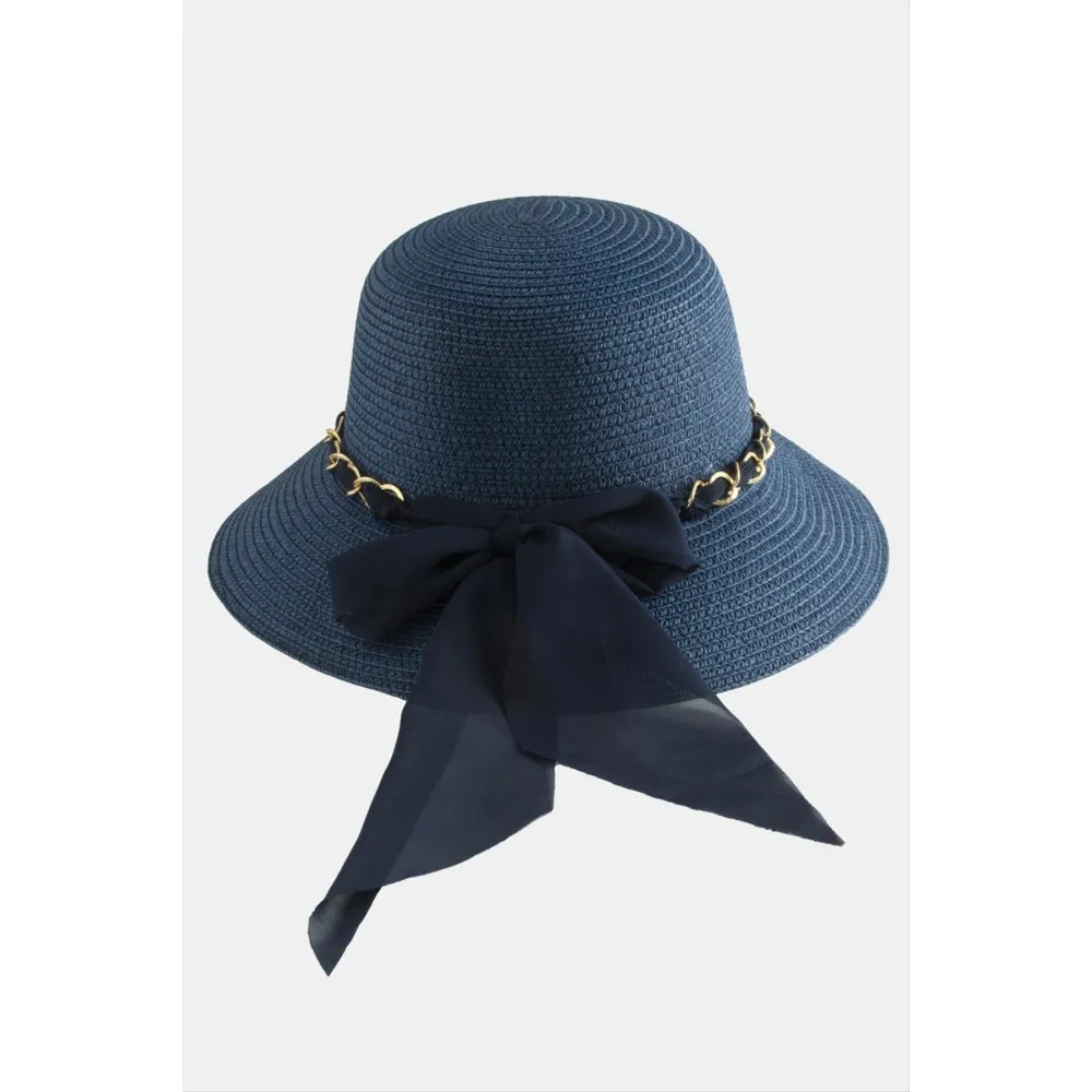 Fiyong Zincir Örgülü Hasır Şapka-Bej