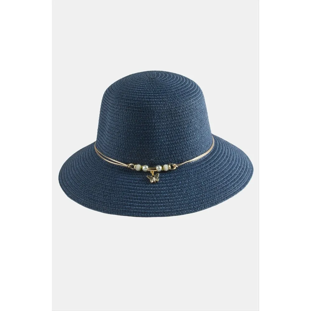 Kelebek İnci Hasır Şapka-Pudra Rengi