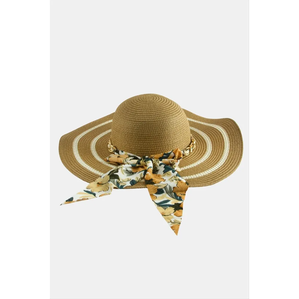 Fiyong Zincir Örgülü Hasır Şapka-Pudra Rengi