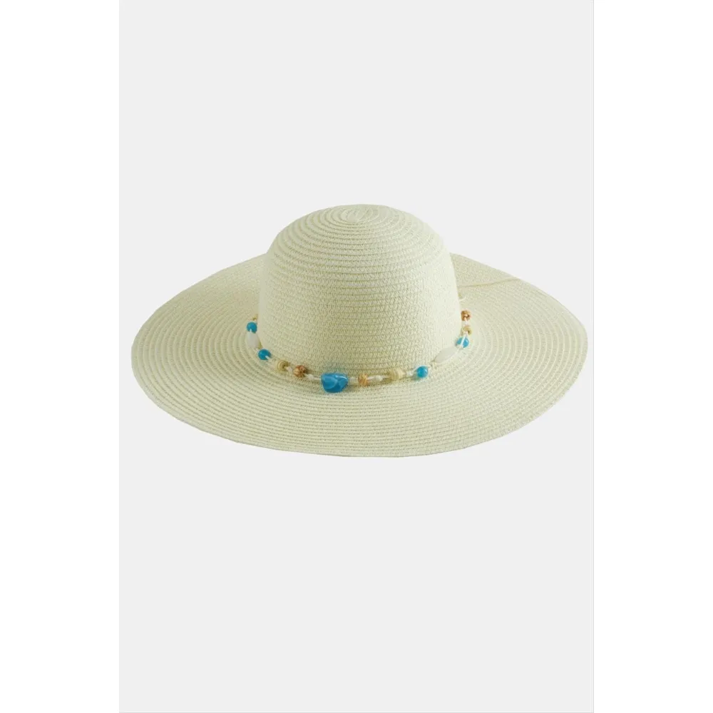 Boncuklu Hasır Şapka-Krem