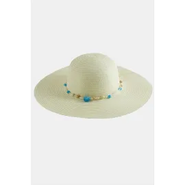 Boncuklu Hasır Şapka-Krem