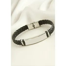 Örgülü İsim Yazılabilir Deri Çelik Bileklik-Siyah