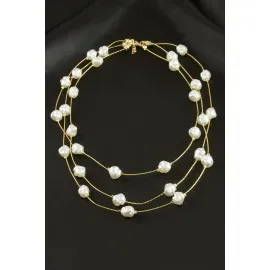 Oval İnci Üçlü Kolye-Sarı