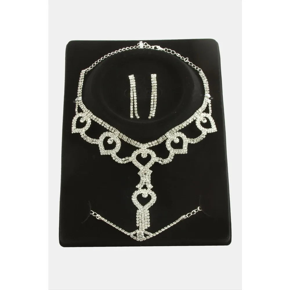 Oval Taşlı Lüks Set Kolye-Gümüş Rengi