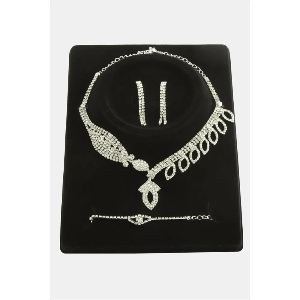 Oval Taşlı Lüks Set Kolye-Gümüş Rengi