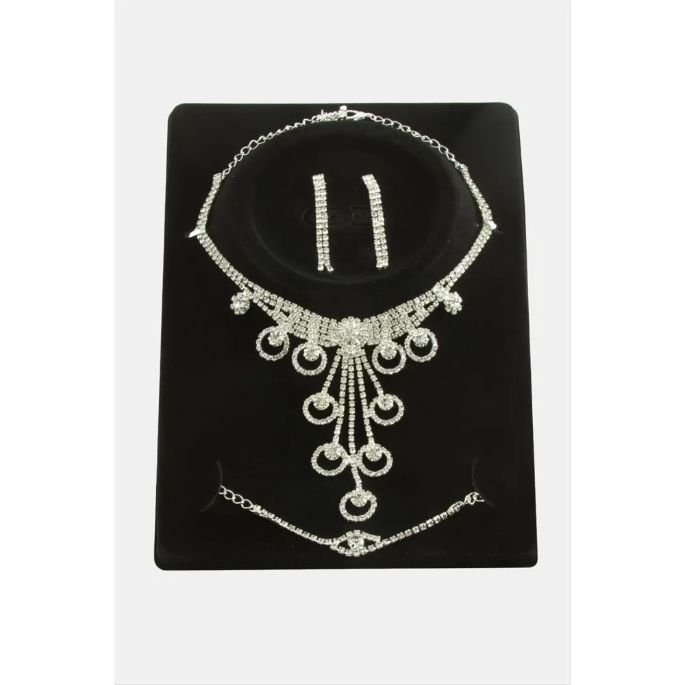 Halka Taşlı Lüks Set Kolye-Gümüş Rengi