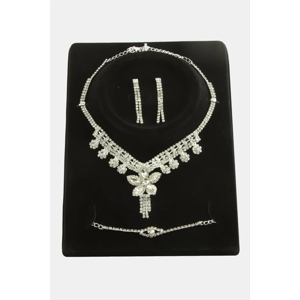 Çiçek Taşlı Lüks Set Kolye-Gümüş Rengi