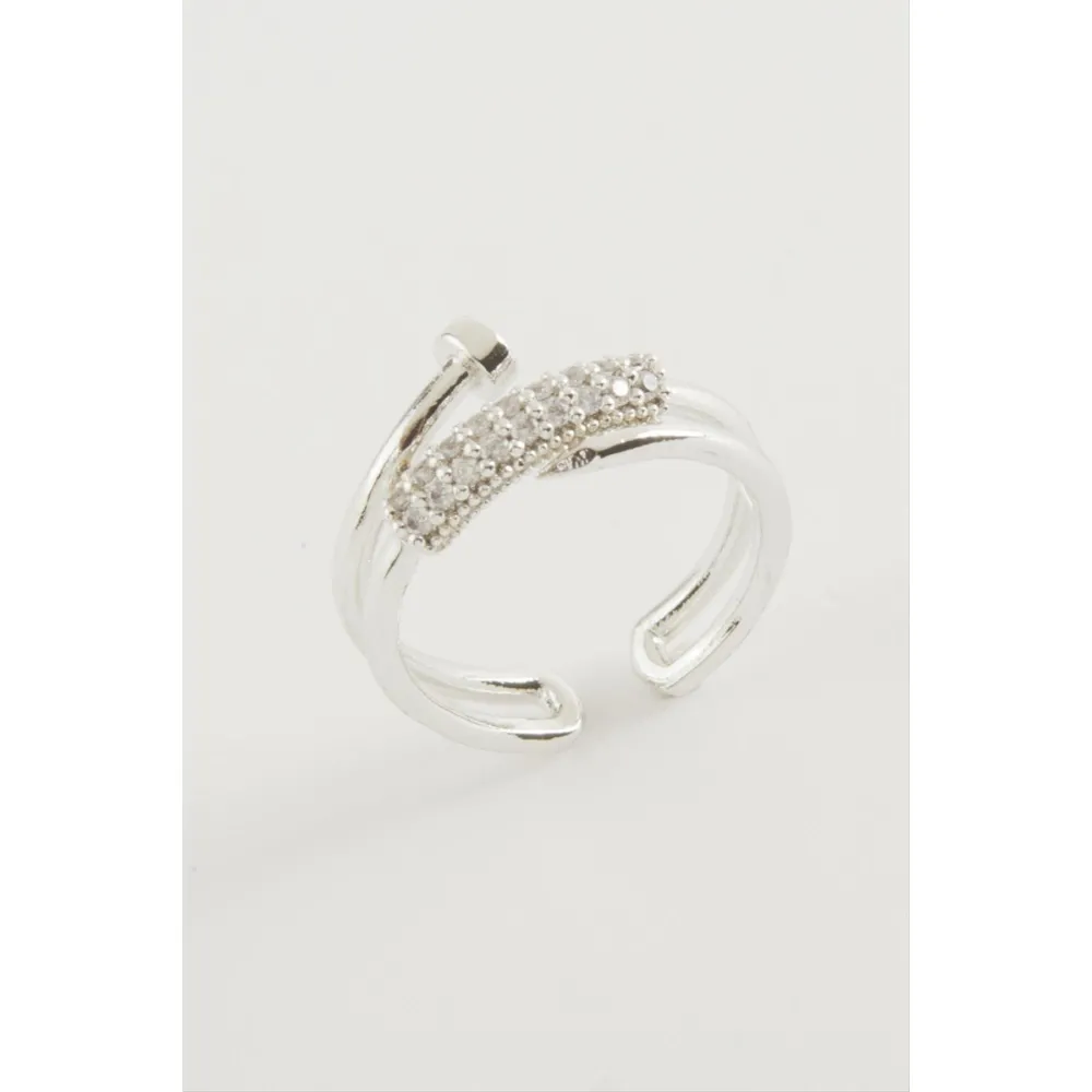 Çivi Zirkon Taşlı Yüzük-Gümüş Rengi