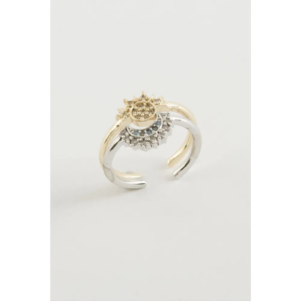 Güneş Hilal Zirkon Taşlı Yüzük 2 Adet-Sarı