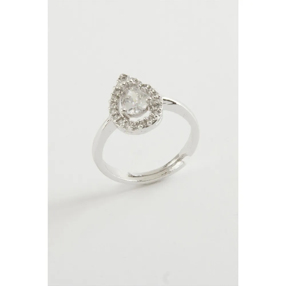 Damla Zirkon Taşlı Yüzük-Gümüş Rengi