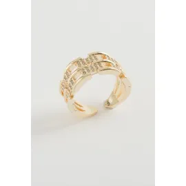 Zincir Şekilli Zirkon Taşlı Yüzük-Sarı