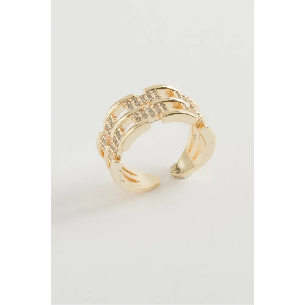 Zincir Şekilli Zirkon Taşlı Yüzük-Gümüş Rengi