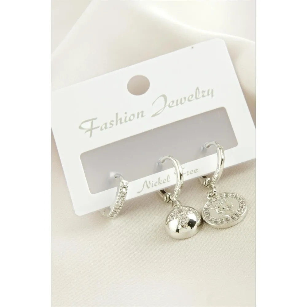 3 Adet Yıldız Zirkon Taşlı Küpe-Gümüş Rengi