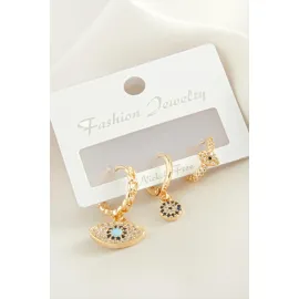 3 Adet Oval Nazar Zirkon Taşlı Küpe-Gümüş Rengi