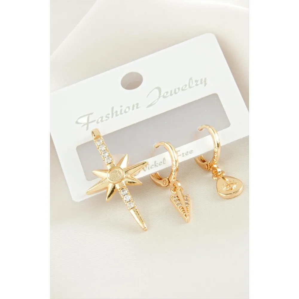 3 Adet Yıldız Zirkon Taşlı Küpe-Sarı