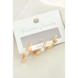 3 Adet Kalp Zirkon Taşlı Küpe-Sarı