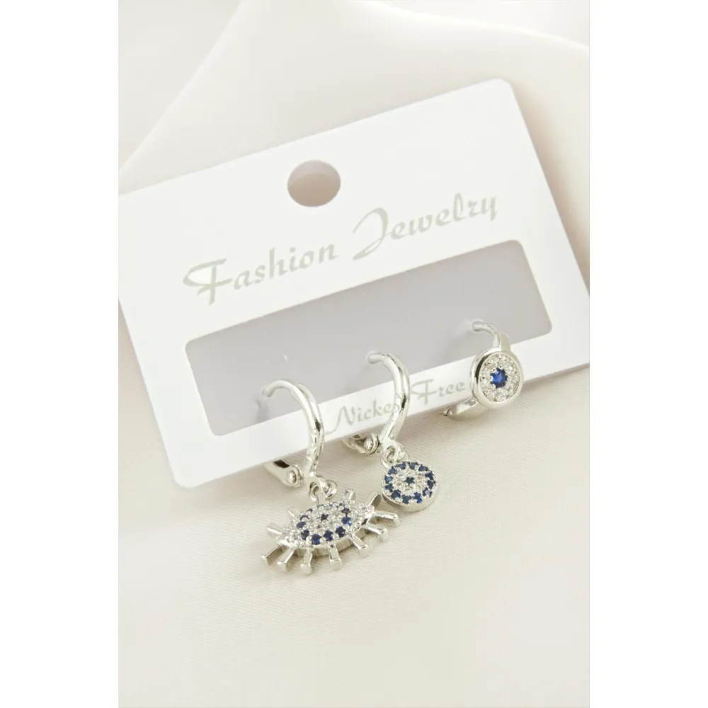 3 Adet Göz Nazar Zirkon Taşlı Küpe-Gümüş Rengi