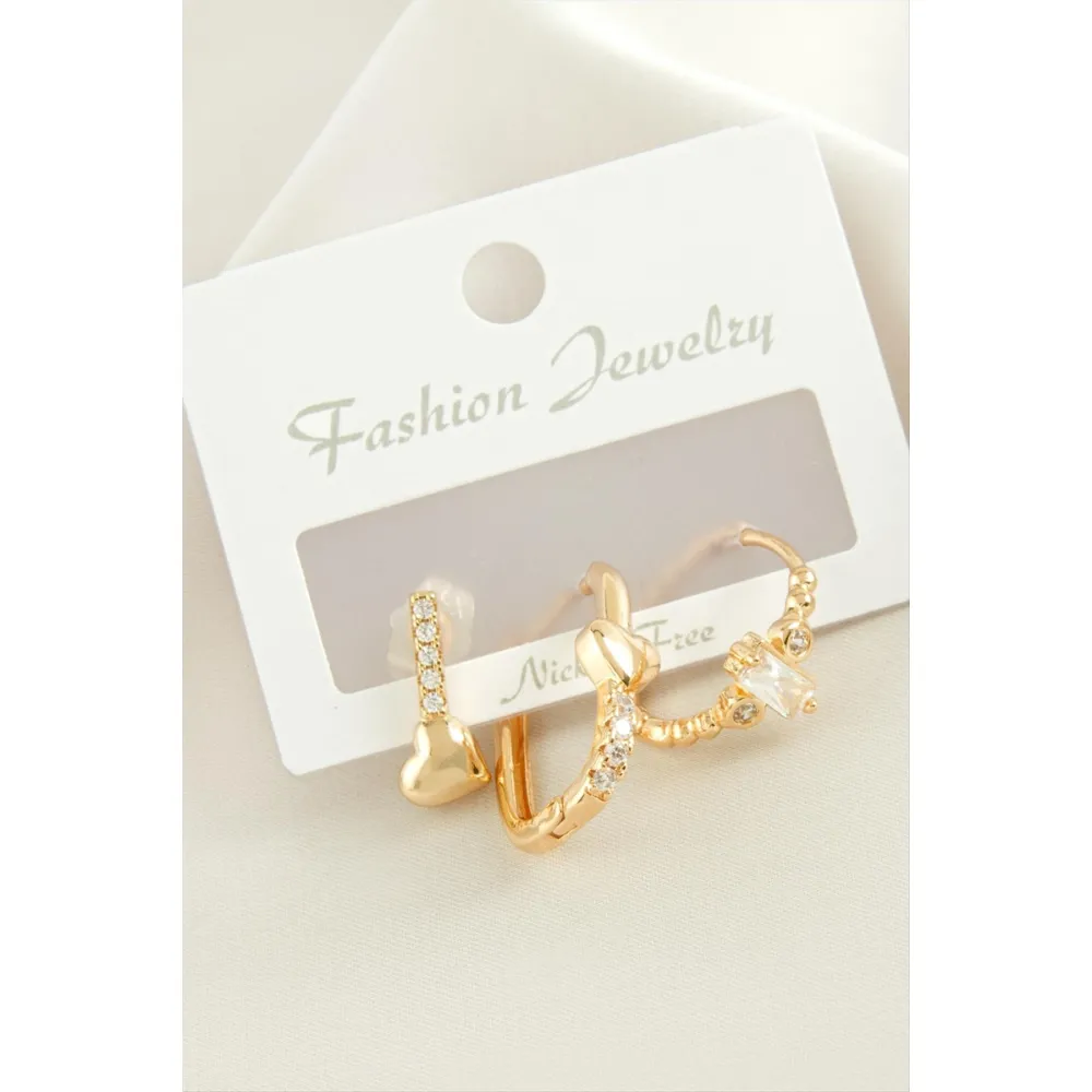 3 Adet Kalp Zirkon Taşlı Küpe-Sarı