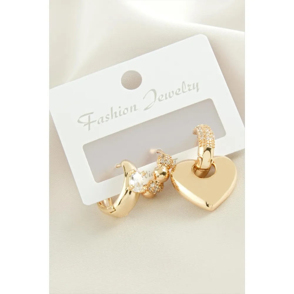 3 Adet Kalp  Zirkon Taşlı Küpe-Sarı