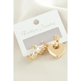 3 Adet Kalp  Zirkon Taşlı Küpe-Sarı