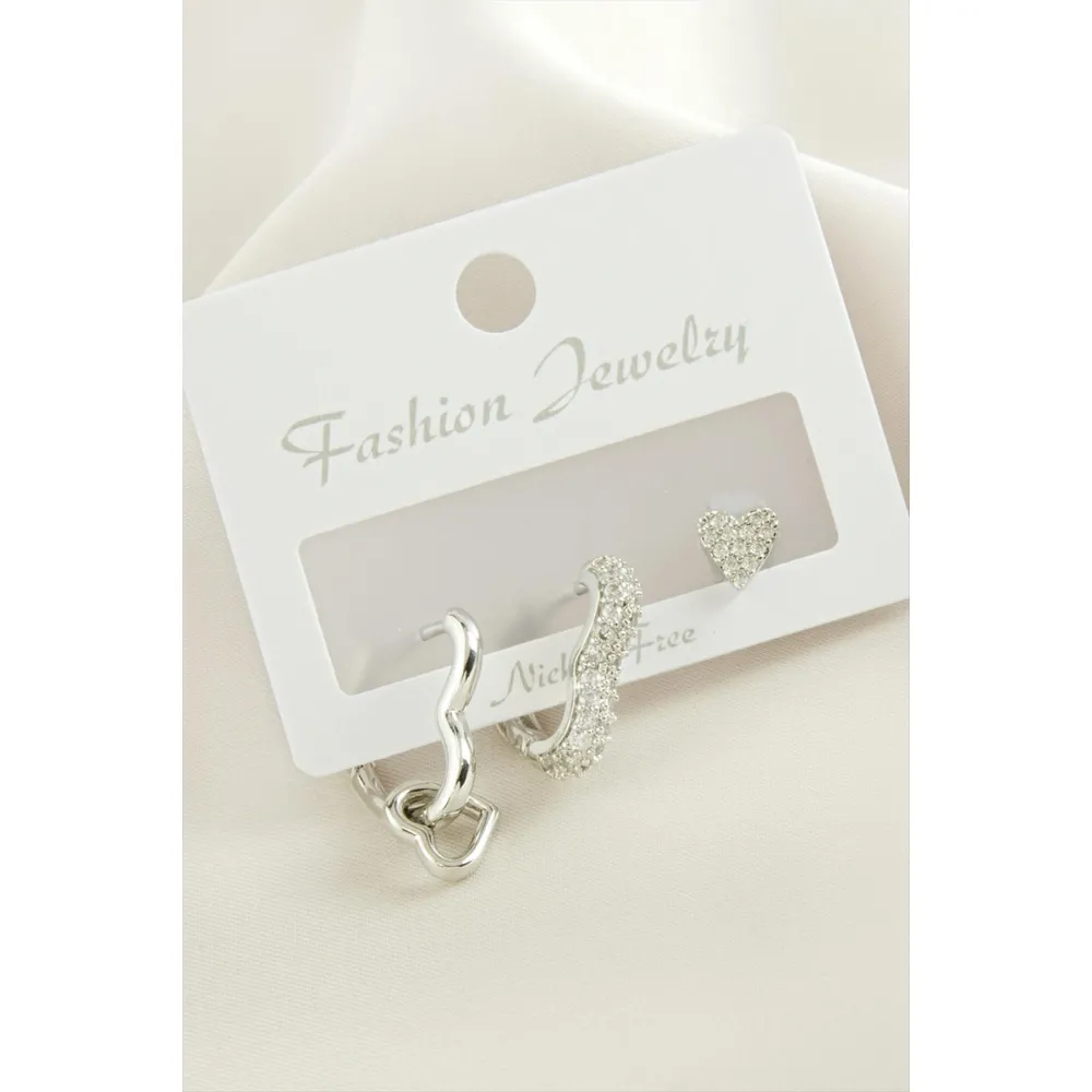 3 Adet Kalp Zirkon Taşlı Küpe-Sarı