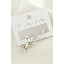 3 Adet Kalp Zirkon Taşlı Küpe-Sarı