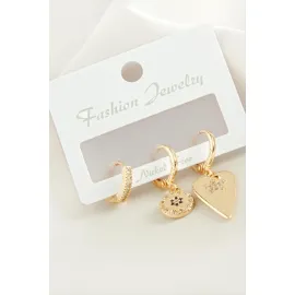 3 Adet Kalp Zirkon Taşlı Küpe-Gümüş Rengi